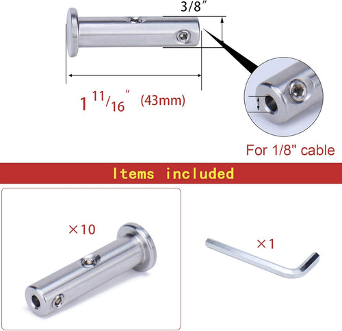 10Pack Cable Railing Kit Invisible Swageless 1/8 Terminal Receiver Flat Head Hidden for 2x2 Metal Post Deck Stairs I4803