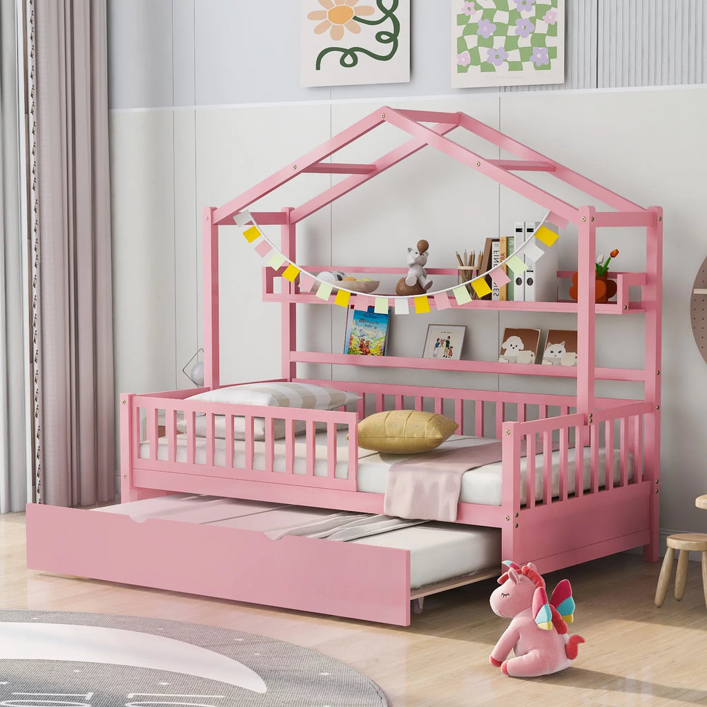 Gray Wood Twin House Bed with Trundle C228