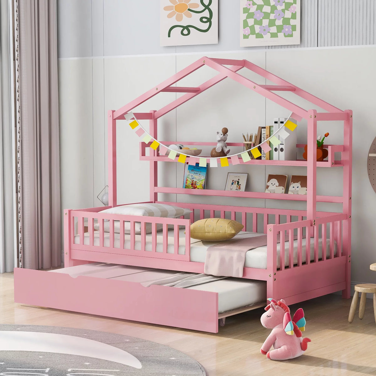 Gray Wood Twin House Bed with Trundle C228