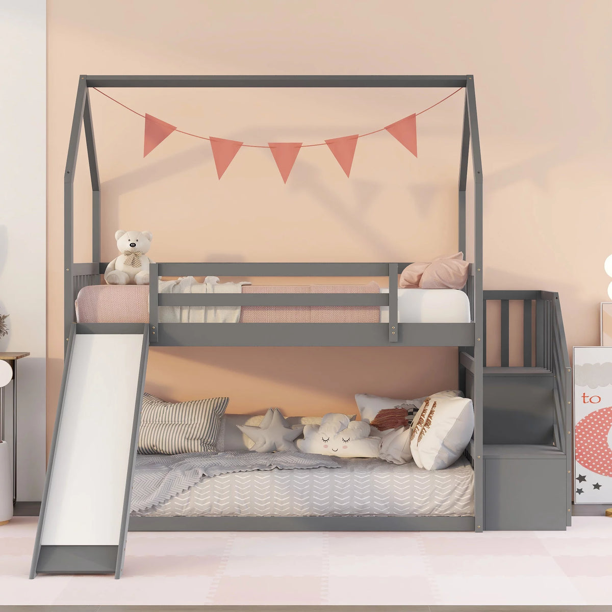 Gray Wooden Twin Over Twin Bunk Bed with Slide and Stairs G148