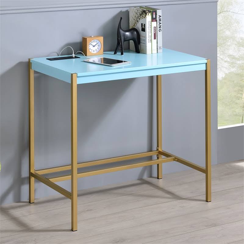 Aruba Blue and Gold Wood Writing Desk with USB Port C7098