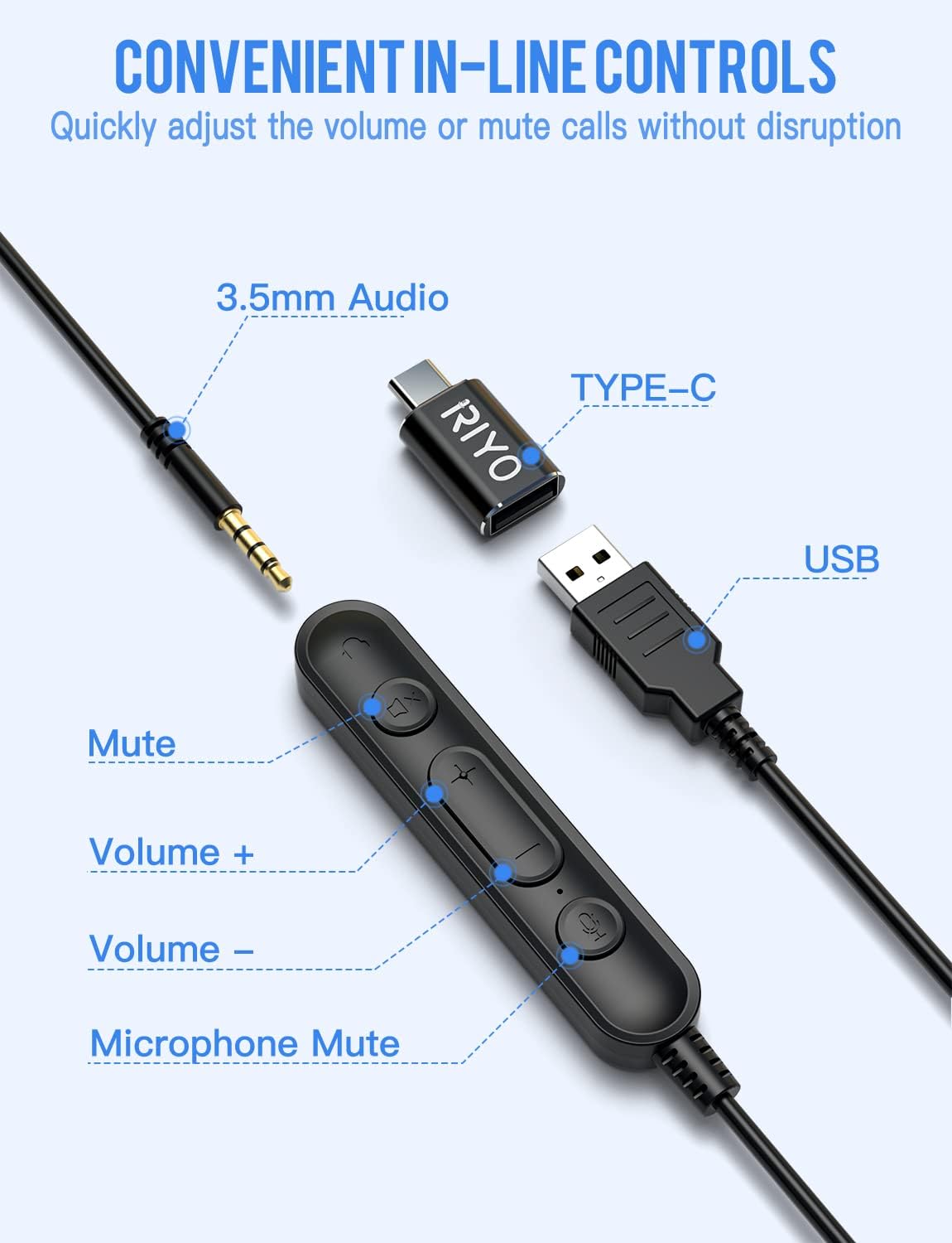 USB Headset with Rotatable Mic, Stereo Wired Headset, USB-C Adapter, Pack of 2 C1912