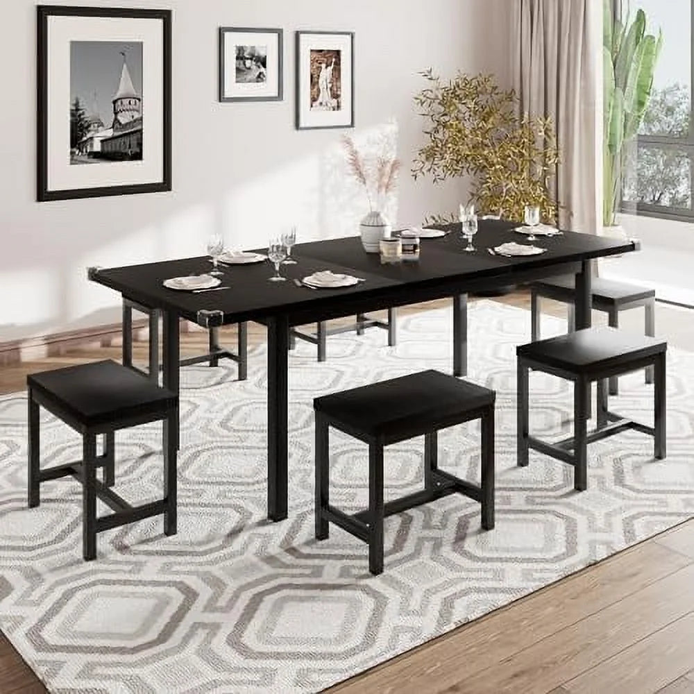 5-Piece Extendable Dining Table Set with 2 Benches and 2 Stools D876