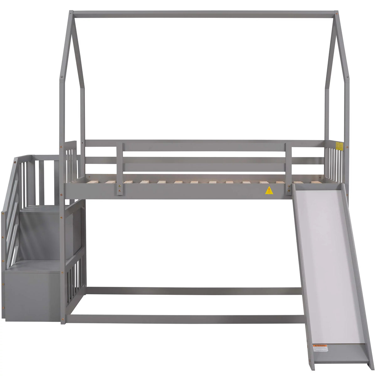 Gray Wooden Twin Over Twin Bunk Bed with Slide and Stairs G148