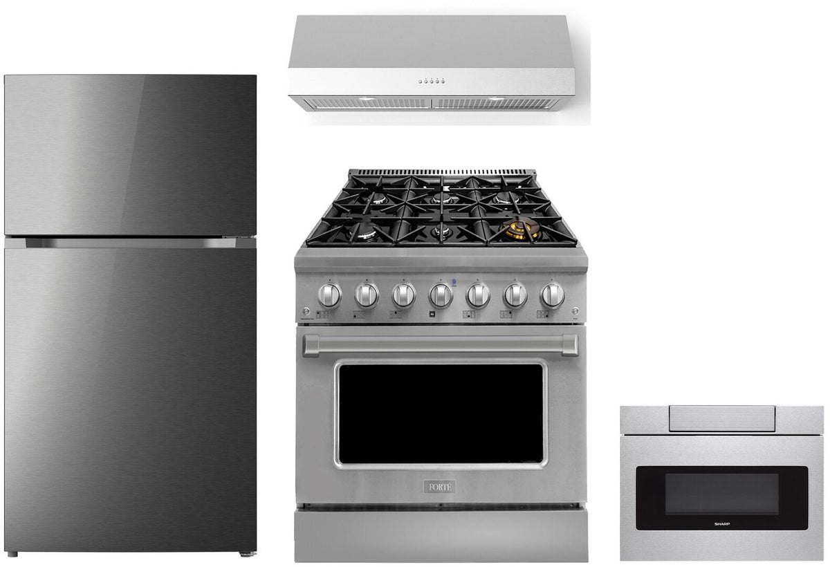 4 Piece Kitchen Appliances Package with 30 Top Freezer Refrigerator, 24 Built-in Microwave Drawer, 36 Freestanding Gas Range, and 36 Under Cabinet Range Hood Z34340