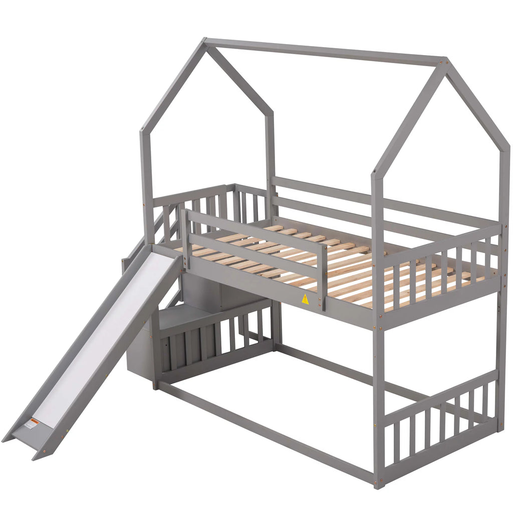 Gray Wooden Twin Over Twin Bunk Bed with Slide and Stairs G148