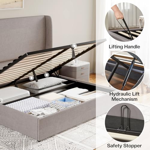 Queen Size Light Grey Linen Upholstered Storage Bed Frame P8104