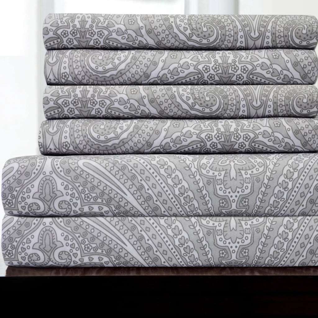 Grey Full Paisley Print Bed Sheet Set R38826
