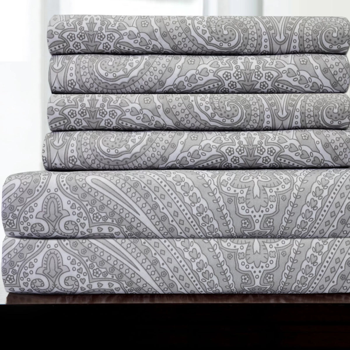 Grey Full Paisley Print Bed Sheet Set R38826