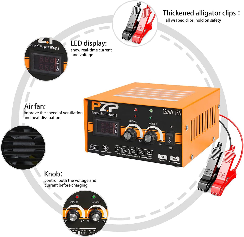 24v Battery Charger 15-Amp Automotive Car Battery Fast Trickle Charger and Maintainer 12v/15a 24v/7.5a U879
