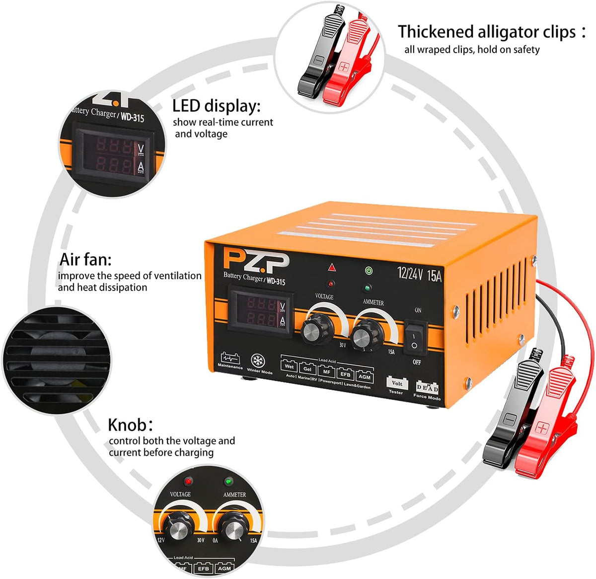 24v Battery Charger 15-Amp Automotive Car Battery Fast Trickle Charger and Maintainer 12v/15a 24v/7.5a U879