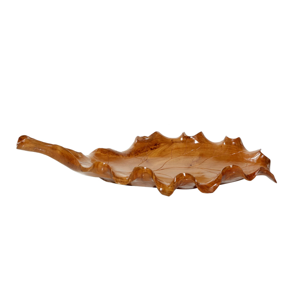 Brown Teak Wood Handmade Live Edge Leaf Tray N22506