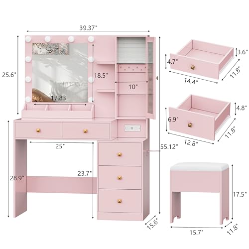 White Vanity Desk with Mirror and Lights, 5 Drawers and Chair T977