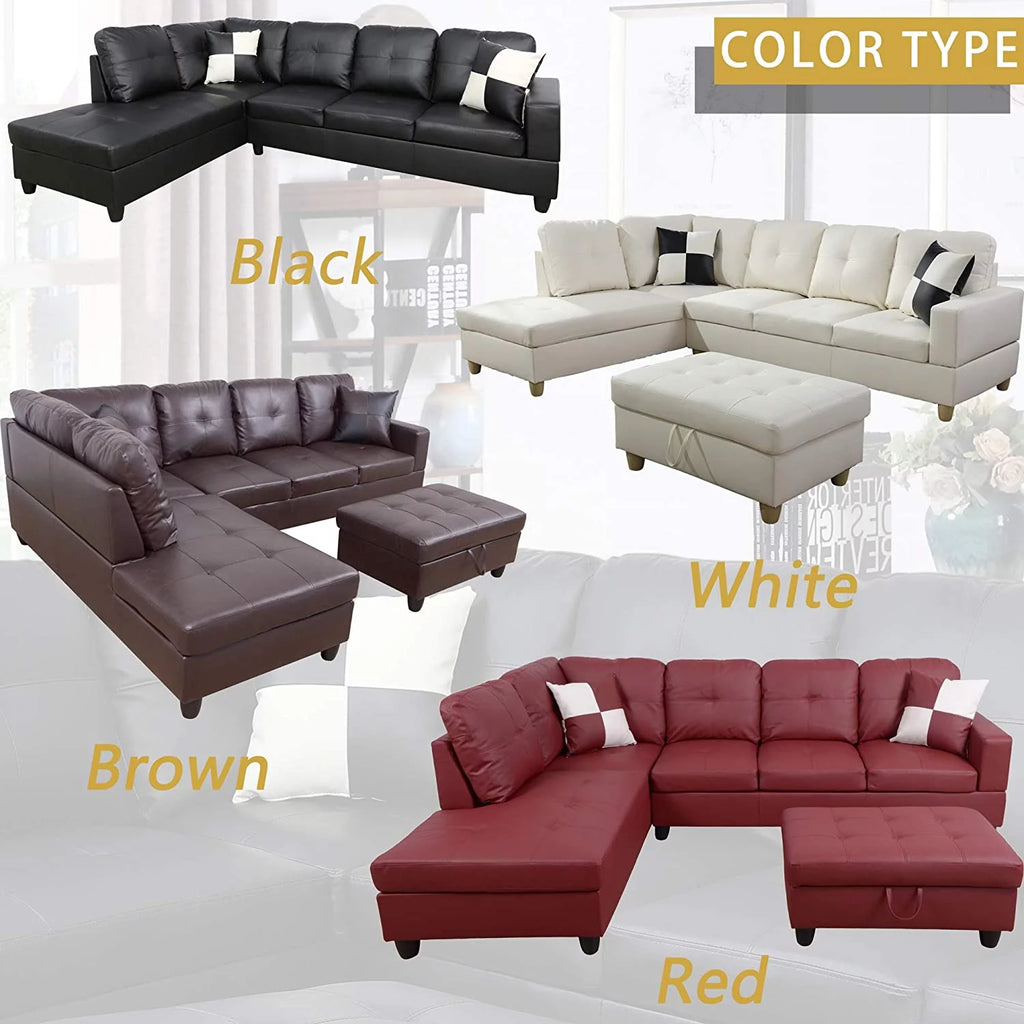 Faux Leather 3 Piece L-Shaped Sectional Sofa Set with Chaise Storage Ottoman and Pillows U3803