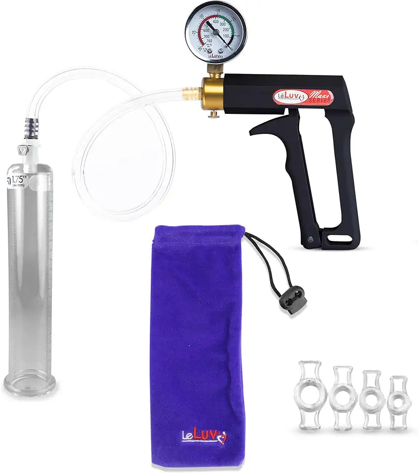 Black Penis Pump with Clear Hose, 4 Constriction Rings, 9 inch Cylinder P31983