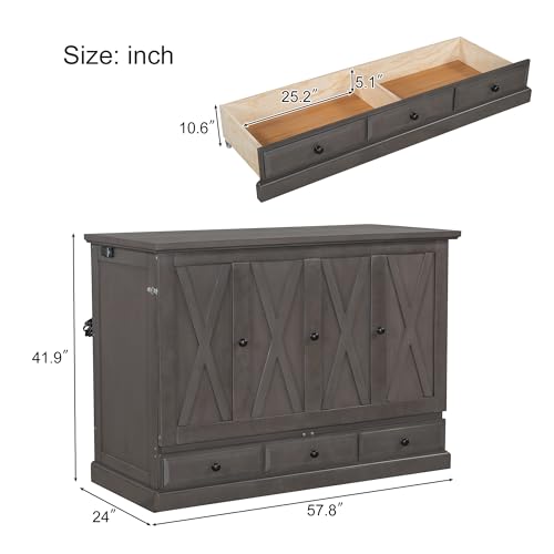Queen Size Solid Pine Murphy Bed with Charging Station and Storage Drawer H1591