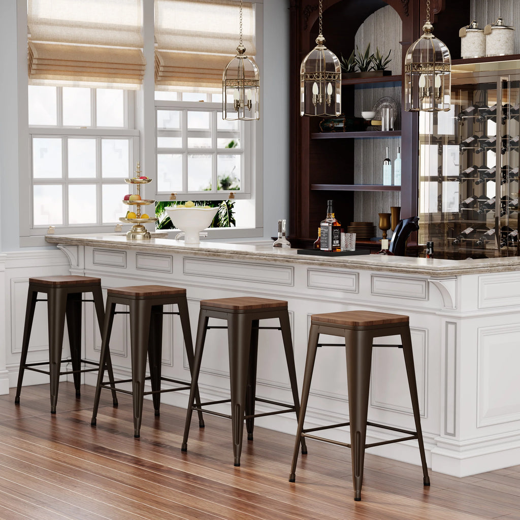 Set of 4 Metal Bar Stools Wood Seat Backless Z140