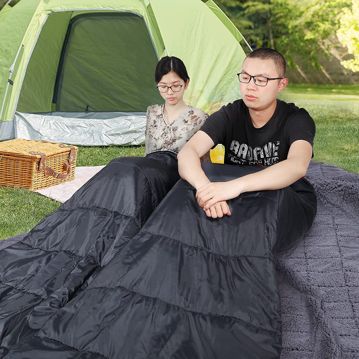 Cotton Double Sleeping Bag, Queen Size, Black/Navy Blue D26572
