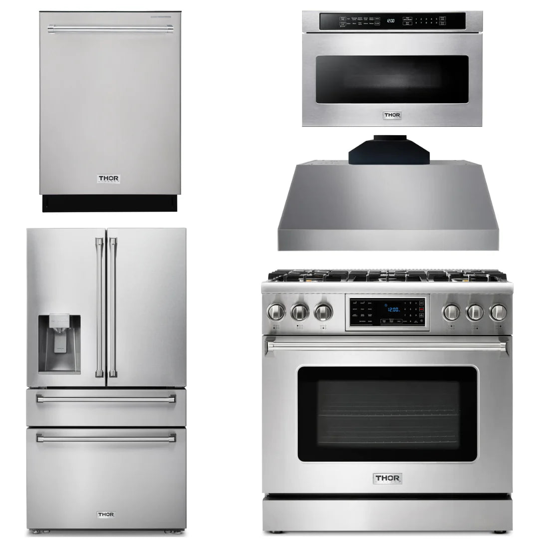 36 Gas Range, Range Hood, Microwave, Refrigerator with Water and Ice Dispenser, Dishwasher P41831