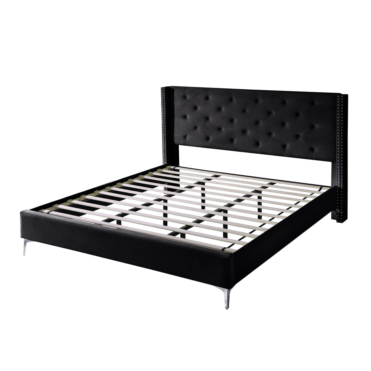 Wood Platform Bed Frame with Upholstered Headboard Queen Black O1703