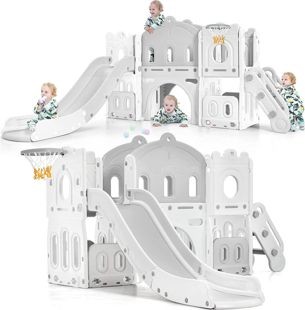 Kids 6-in-1 Slide with Climber, Basketball Hoop, Tunnel and Storage Space, HDPE, Blue P3409