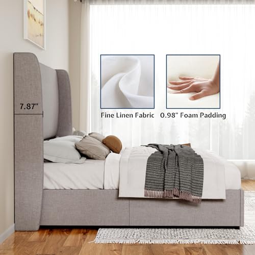 Queen Size Light Grey Linen Upholstered Storage Bed Frame P8104