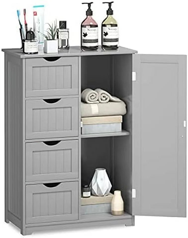 Grey Wooden Bathroom Floor Cabinet with 1 Cupboard and 4 Drawers E674956