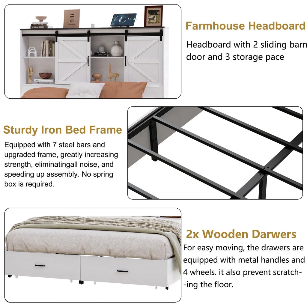 Queen Size Wooden Platform Bed Frame with Bookcase Headboard Storage K83850