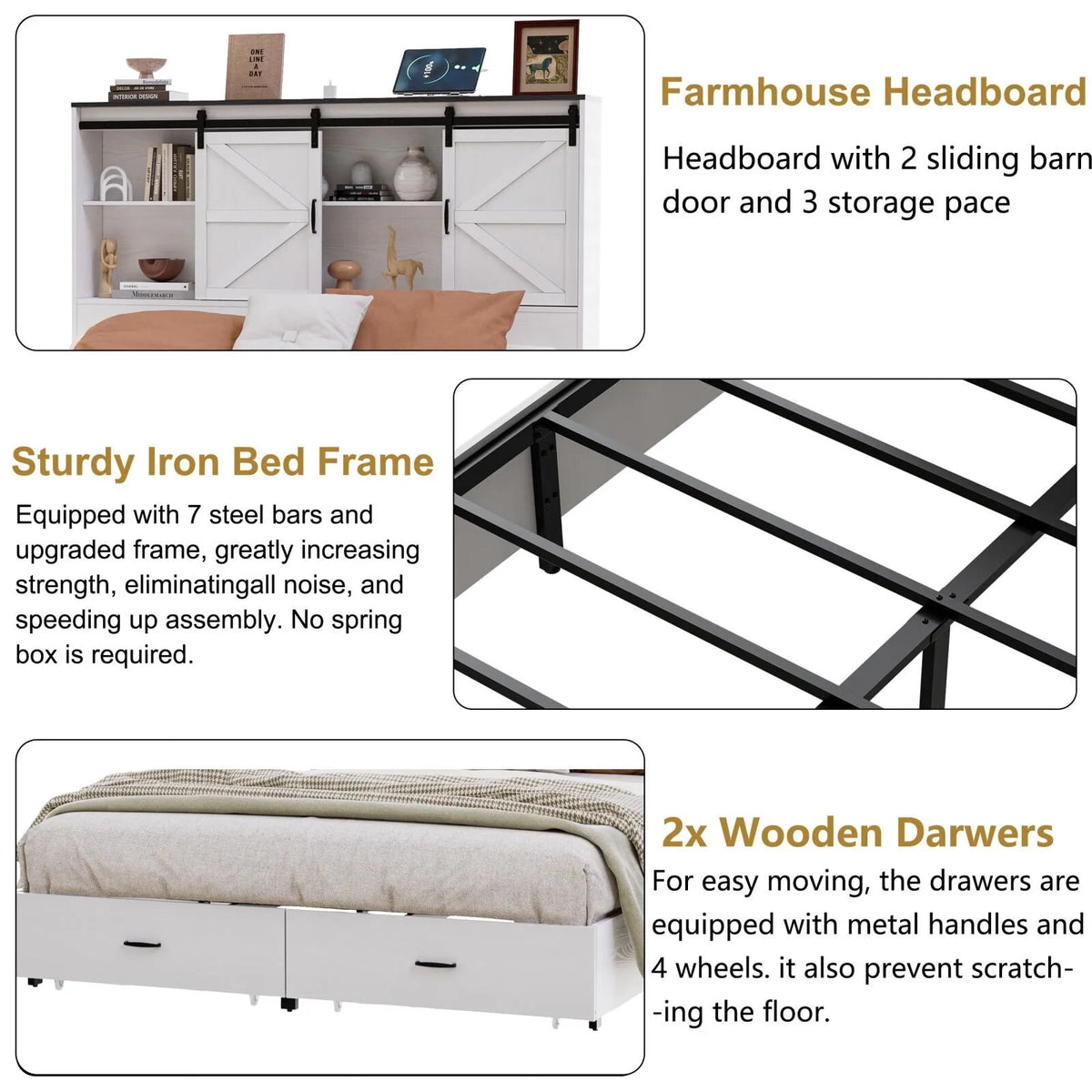Queen Size Wooden Platform Bed Frame with Bookcase Headboard Storage K83850