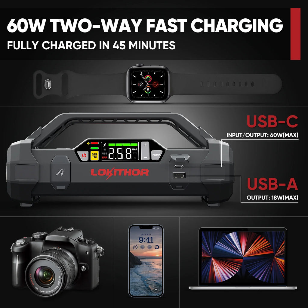 1750A 12V Jump Starter with Air Compressor and 150PSI Digital Tire Inflator E420999