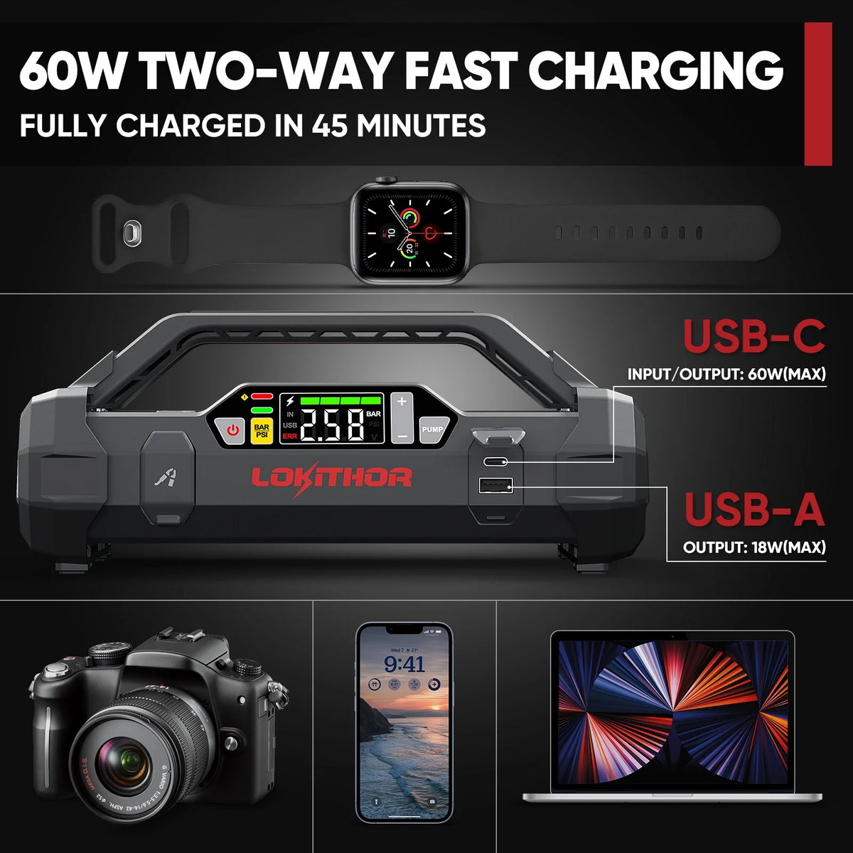 1750A 12V Jump Starter with Air Compressor and 150PSI Digital Tire Inflator E420999