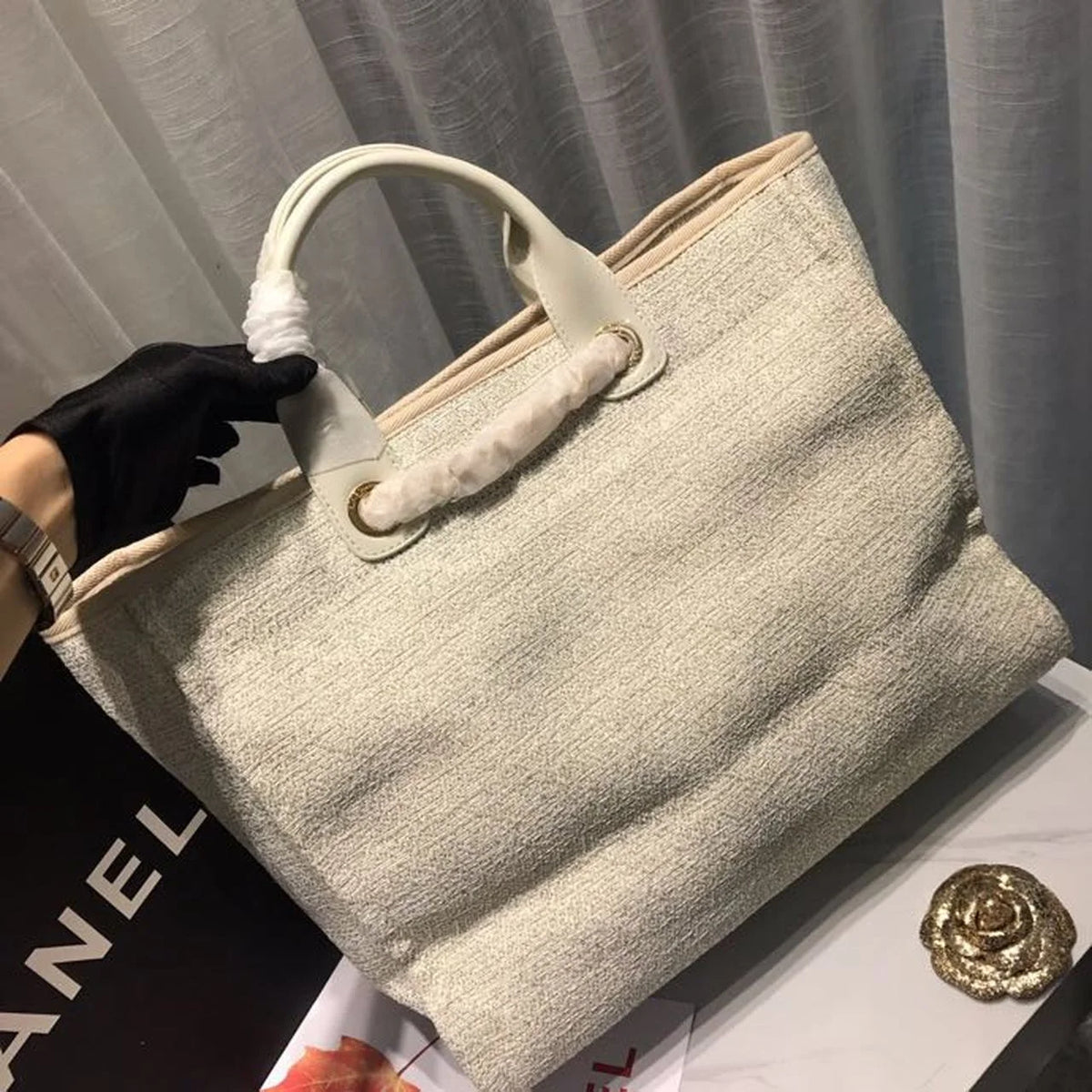 Beige Cream Tweed Canvas Tote Bag L392
