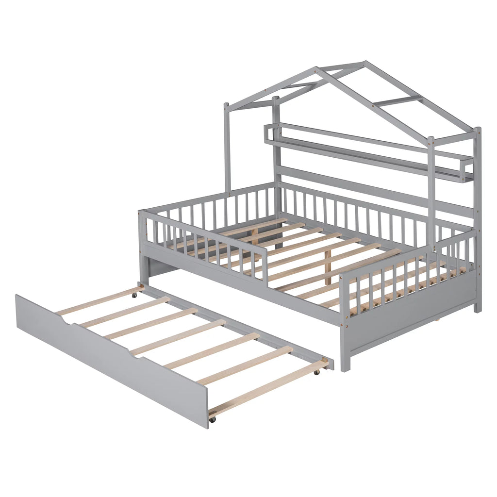 Gray Wood Twin House Bed with Trundle C228