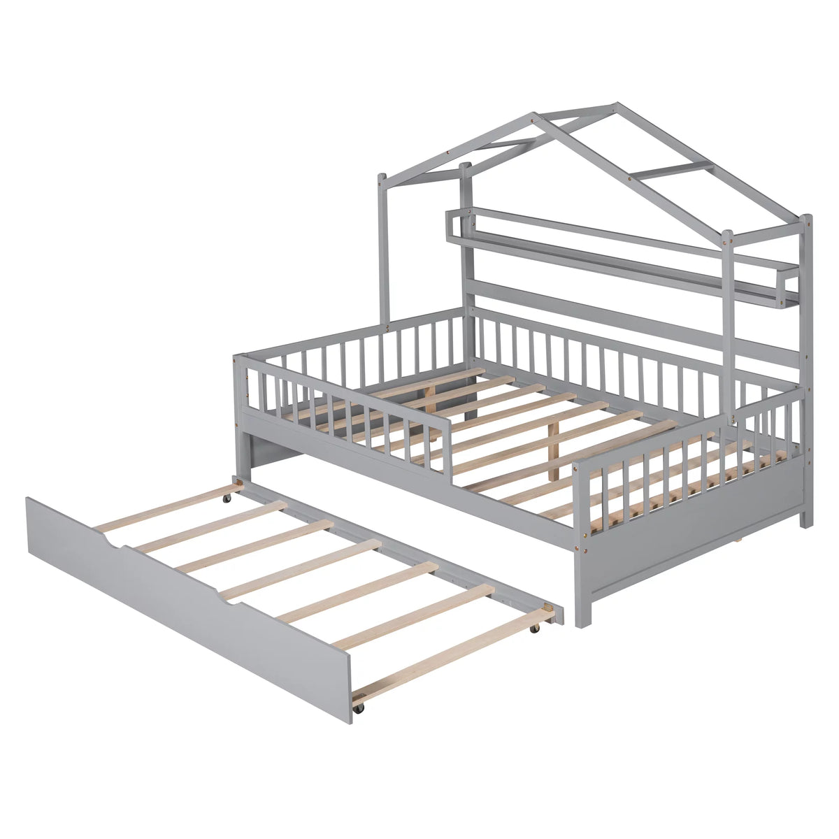 Gray Wood Twin House Bed with Trundle C228