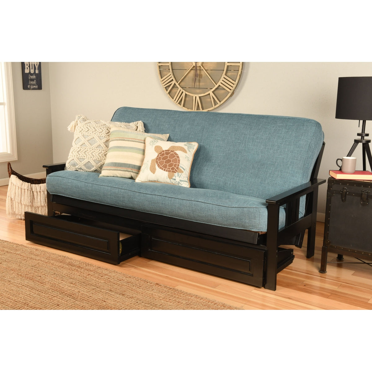 Black Finish Sofa with Storage and Removable Linen Mattress Cover U264
