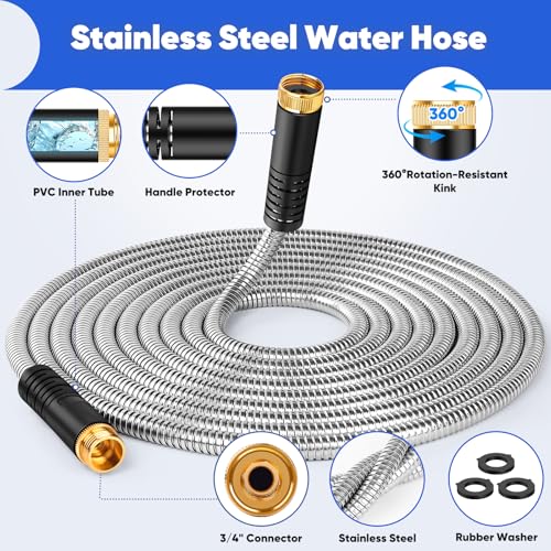 Stainless Steel 25 ft Garden Hose with 10 Function Nozzle L9365