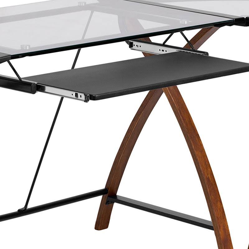 Glass L-Shape Desk with Pull-Out Keyboard Tray S995251