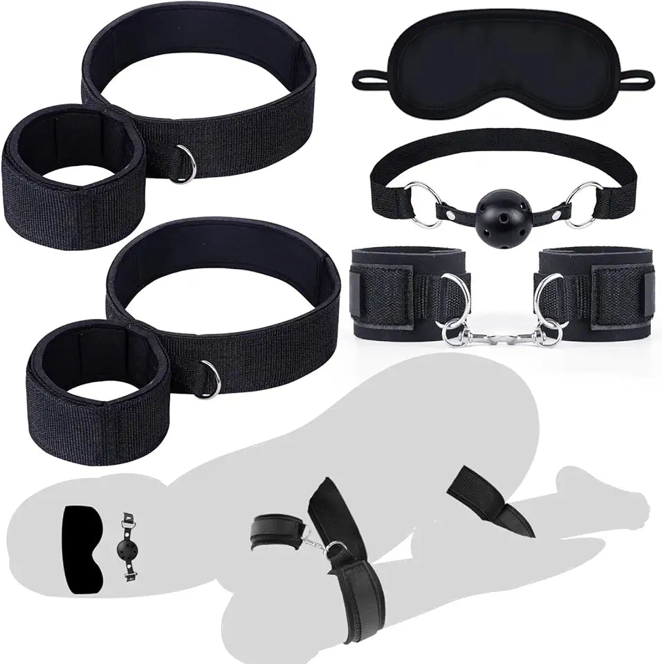 BDSM Bondage Restraints Wrist to Thigh Ankle Cuffs Ball Gag Blindfold Kit G758